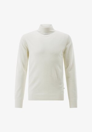 Weißer Langarm-Turtleneck-Pullover mit gerippten Bündchen und Saum, auf einem schlichten weißen Hintergrund präsentiert.