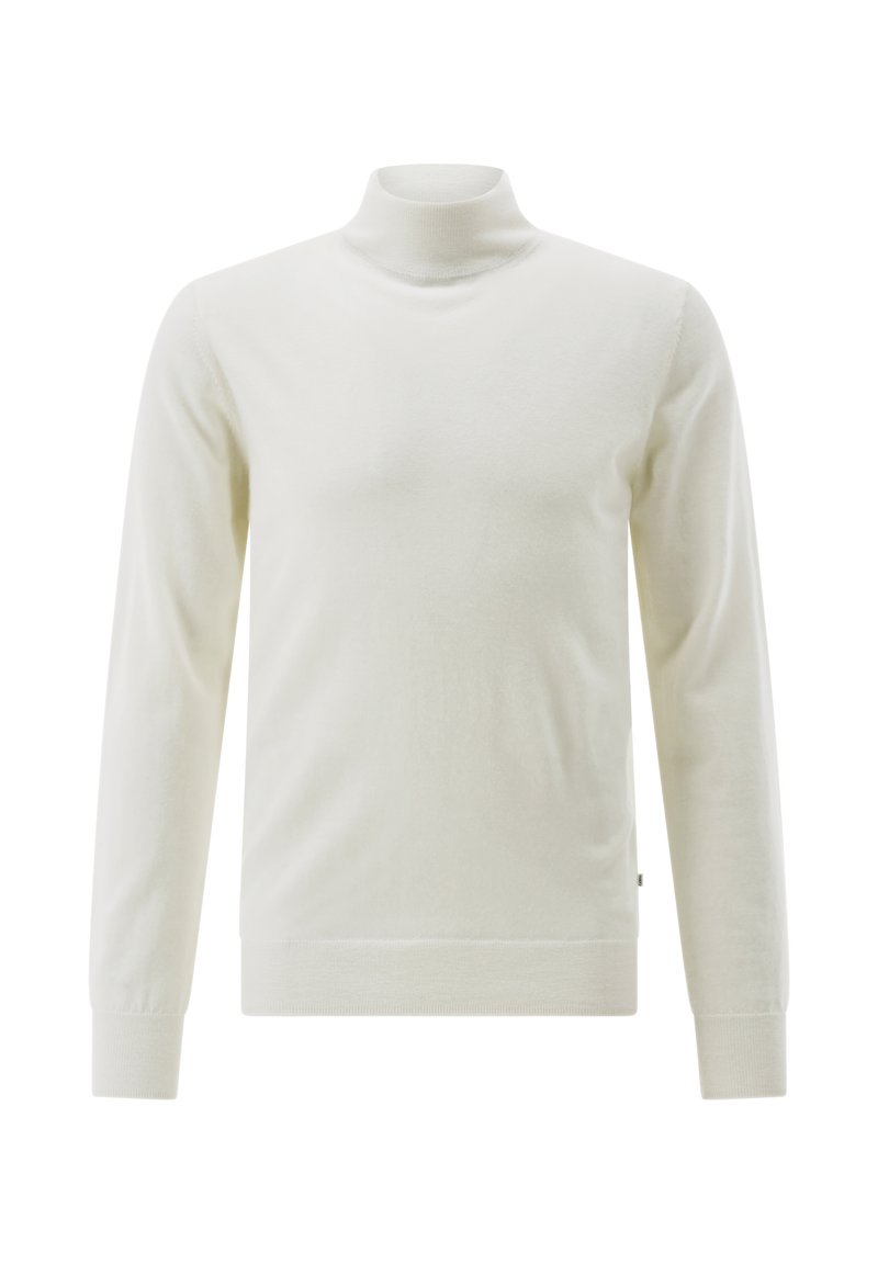 Weißer Langarm-Turtleneck-Pullover mit gerippten Bündchen und Saum, auf einem schlichten weißen Hintergrund präsentiert.