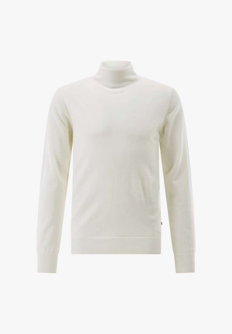 Weißer Langarm-Turtleneck-Pullover mit gerippten Bündchen und Saum, auf einem schlichten weißen Hintergrund präsentiert.