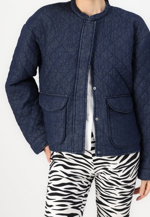 Persona con chaqueta azul marino acolchada con bolsillos delanteros y pantalones con estampado de cebra en blanco y negro sobre un fondo liso.