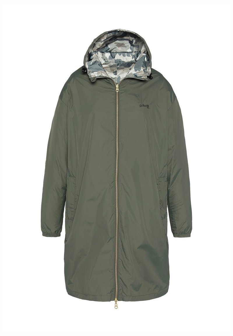 Veste longue en olive, rembourrée, avec fermeture éclair à l'avant, capuche et manches légèrement effilées. L'intérieur présente un léger motif en camouflage.
