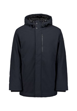 Marineblauwe waterdichte jas met een ingezette rits aan de voorkant, capuchon, verstelbare koordjes en zijzakken; gladde textuur en een eenvoudig ontwerp.