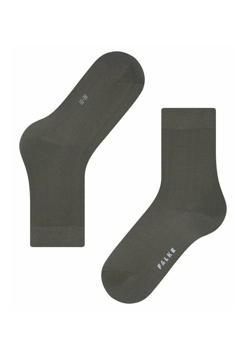 Khaki-Socken mit glatter Textur, gerippten Bündchen und verstärktem Zehenbereich. Größenangabe 32-38 und das Logo "FALKE" in Weiß an der Seite.
