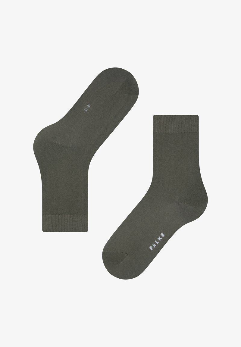 Khaki-Socken mit glatter Textur, gerippten Bündchen und verstärktem Zehenbereich. Größenangabe 32-38 und das Logo "FALKE" in Weiß an der Seite.