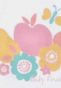 Colorful fabric print featuring a pink apple, yellow pear, turquoise flowers, and a butterfly, with a light background and "Baby Fruit" text.