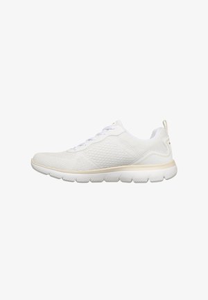 White lightweight athletic shoe with a mesh upper, textured design, contrasting cream sole, and flat laces. Features a pull tab at the heel.
