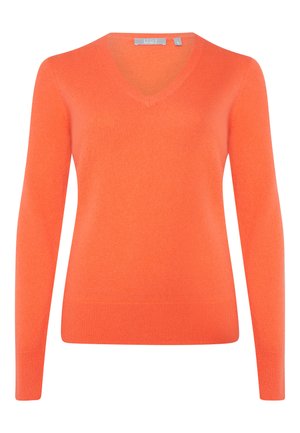 V-Ausschnitt orangefarbenes Sweatshirt aus weichem Stoff mit langen Ärmeln und tailliertem Design. Glatte Textur, keine Muster oder Verzierungen.
