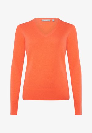 V-Ausschnitt orangefarbenes Sweatshirt aus weichem Stoff mit langen Ärmeln und tailliertem Design. Glatte Textur, keine Muster oder Verzierungen.