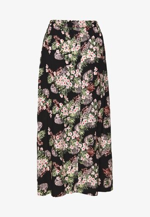 Maxi sukně s květinovým vzorem z lehké látky, s černým podkladem, zelenými listy a růžovými květy, s elastickým pasem.