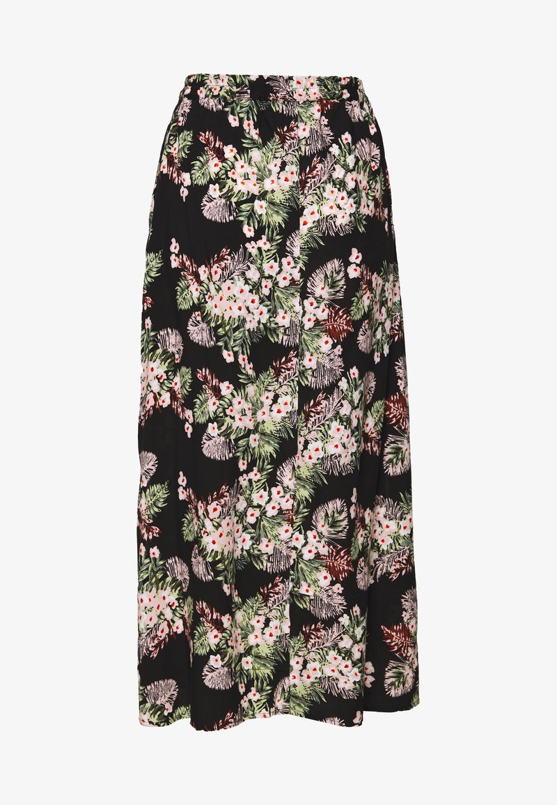Jupe longue fleurie en tissu léger, avec un fond noir orné de feuilles vertes et de fleurs roses, dotée d'une taille élastique.