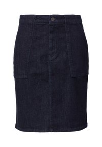 Jupe en denim foncé avec une silhouette droite, des poches avant et une fermeture à un bouton à la taille. Texture lisse et design mi-long.