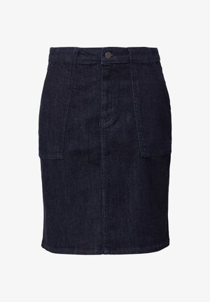 Gonna in denim scuro con siluetta dritta, tasche anteriori e chiusura a un bottone in vita. Tessuto liscio e design di lunghezza media.