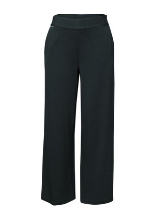 Pantalones negros de pierna ancha con cintura elástica y bolsillos laterales, confeccionados en una tela suave.