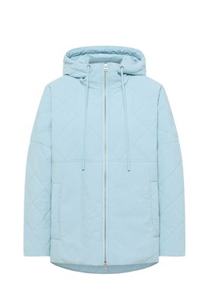 Hellblaue gesteppte Jacke mit Kapuze, Frontreißverschluss, Kordelzügen, langen Ärmeln und Seitentaschen.