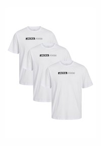 Three white cotton t-shirts featuring black "JACK & JONES" logo across the chest. Short sleeves and standard crew neck design.