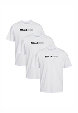 Drei weiße Baumwoll-T-Shirts mit schwarzem "JACK & JONES"-Logo auf der Brust. Mit kurzen Ärmeln und klassischem Rundhalsausschnitt.
