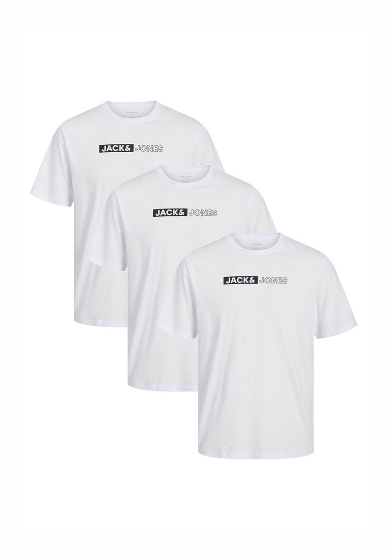 Three white cotton t-shirts featuring black "JACK & JONES" logo across the chest. Short sleeves and standard crew neck design.