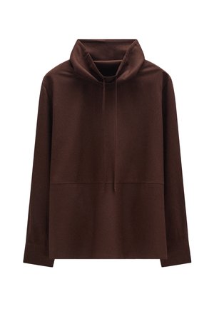 Ciemnobrązowa bluza z długim rękawem i kapturem, z luźnym wysokim kołnierzem i sznurkiem, posiadająca prosty dół i prosty, pozbawiony ozdób design.