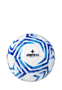 Pallone da calcio bianco con motivi geometrici blu, dotato del marchio "DERBYSTAR JUNIOR LIGHT" e di una superficie testurizzata.