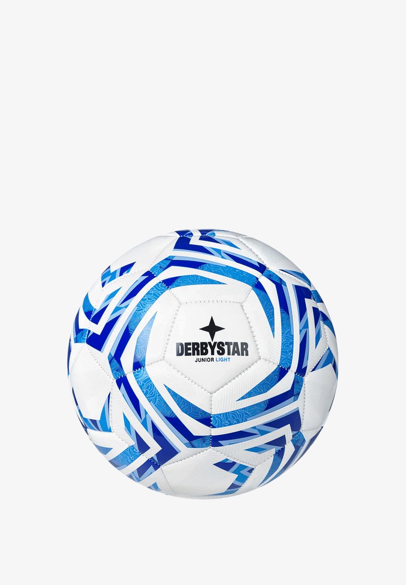 Pallone da calcio bianco con motivi geometrici blu, dotato del marchio "DERBYSTAR JUNIOR LIGHT" e di una superficie testurizzata.