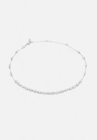 Silver-toned necklace featuring an alternating pattern of round and rectangular clear crystals, with a delicate chain and adjustable clasp.