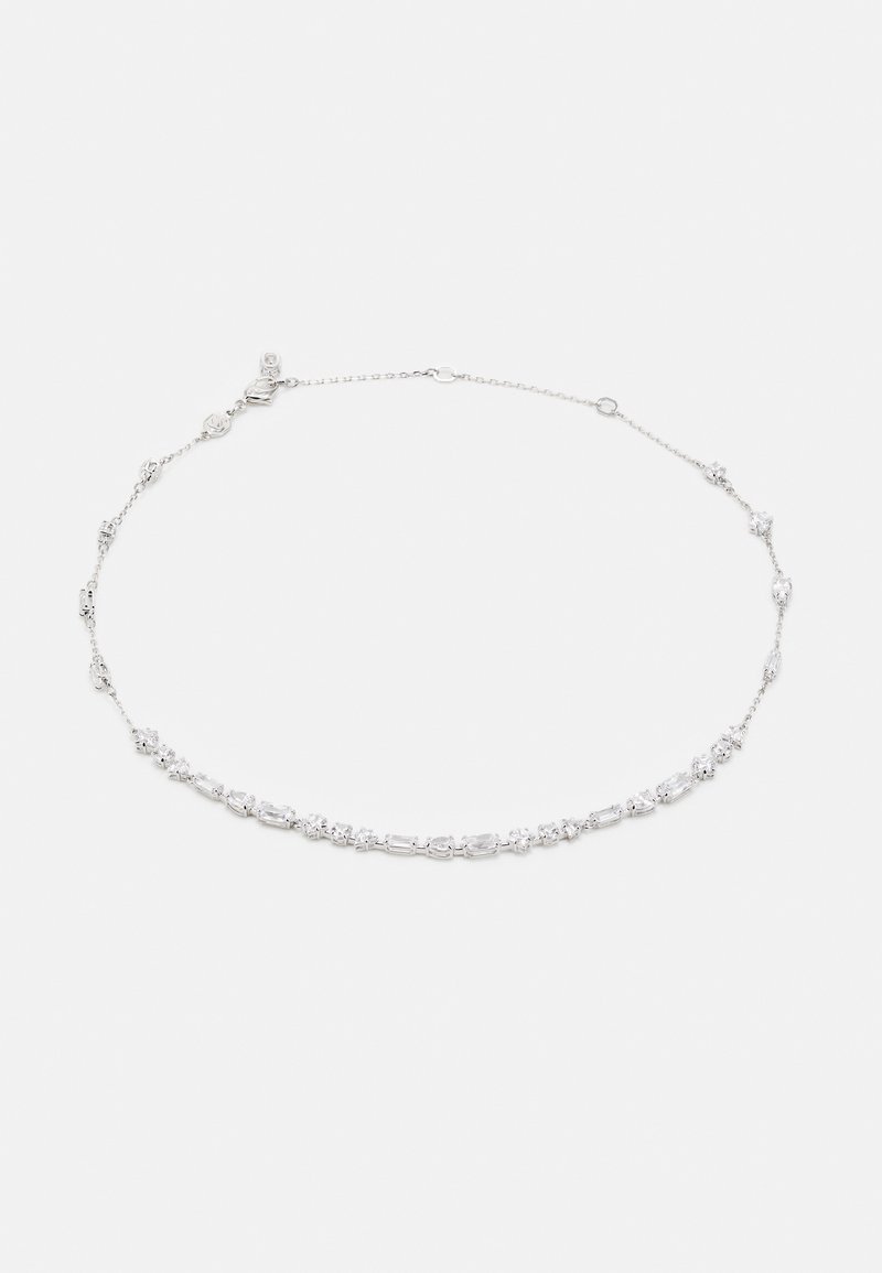 Silver-toned necklace featuring an alternating pattern of round and rectangular clear crystals, with a delicate chain and adjustable clasp.