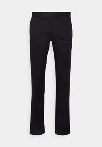 Schwarze Hosen aus Baumwoll-Mischgewebe. Elegantes Design, gerade Beine, Knopfverschluss vorne und Gürtelschlaufen. Glatte Textur ohne sichtbare Muster.
