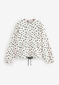 Lekki, luźny sweatshirt z długimi rękawami, czarnymi wzorami serc na białym tle, okrągłym dekoltem i regulowanym sznurkiem w talii.