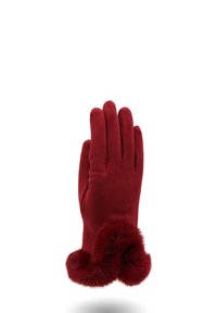 Guanto in suede rosso con bordo in pelliccia morbida attorno al polso, mostrato in posizione verticale su uno sfondo bianco.