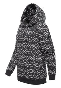 Sweatshirt à capuche gris, arborant un motif géométrique blanc. Fabriqué en tissu doux avec des poignets et un ourlet côtelés. Comprend un détail avec cordon de serrage.
