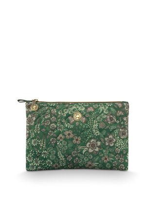 Green floral quilted fabric pouch with gold zipper and two small gold emblem charms.
