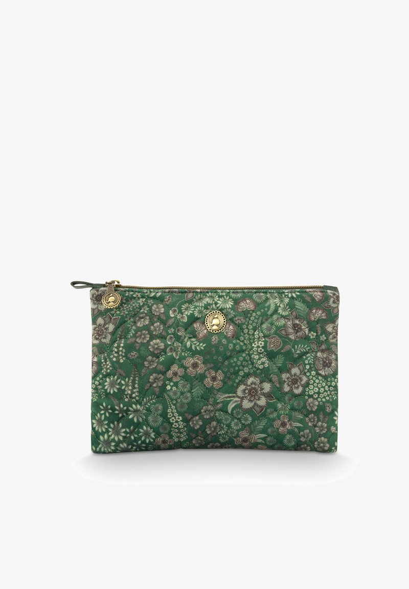 Green floral quilted fabric pouch with gold zipper and two small gold emblem charms.