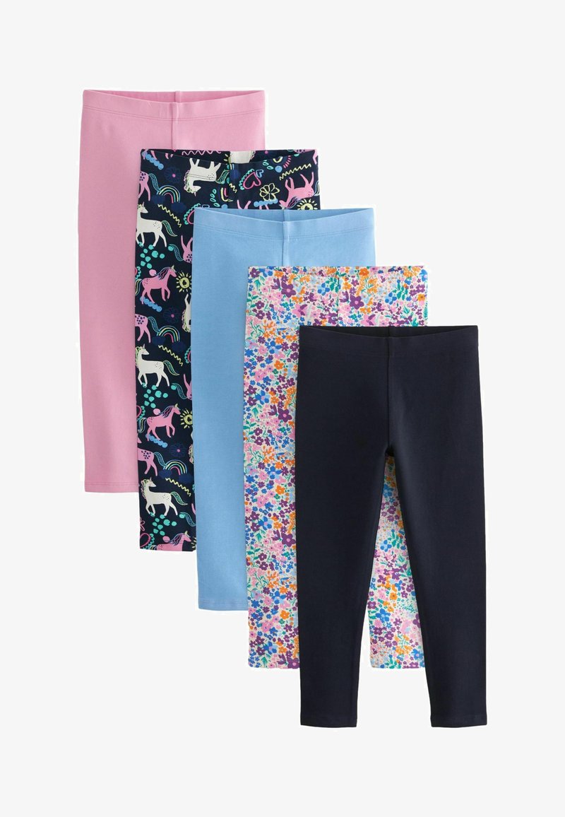 Fem par leggings: rosa, svart med unicorns, ljusblå, blommönster och mörk marin. Alla är av stretchigt tyg och har en figurnära design.