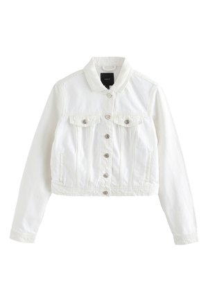Vit denimjacka med kort skärning, knäppning fram, två bröstfickor och långa ärmar. Har silverfärgade knappar och en klassisk krage.