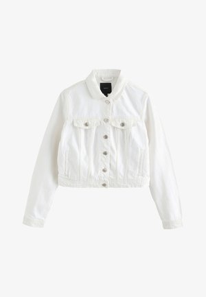 Vit denimjacka med kort skärning, knäppning fram, två bröstfickor och långa ärmar. Har silverfärgade knappar och en klassisk krage.