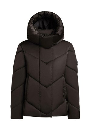 Black puffer jacket featuring a high collar, chevron quilting, and a thick, glossy texture. Designed with a side logo patch.