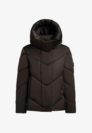 Black puffer jacket featuring a high collar, chevron quilting, and a thick, glossy texture. Designed with a side logo patch.