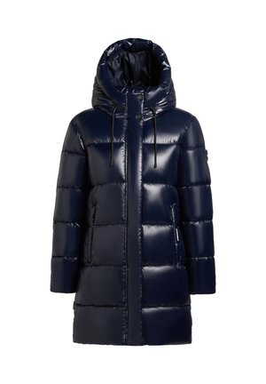 Jachetă puffer bleumarin cu un finisaj lucios, glugă, buzunare cu fermoar și design matlasat. Prezintă șnururi ajustabile la glugă.