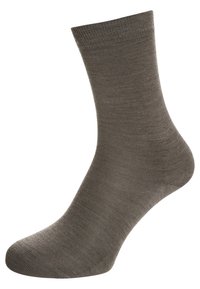 Gray cotton sock with a smooth texture, mid-calf height, reinforced toe and heel, and features a ribbed top band for snug fit.