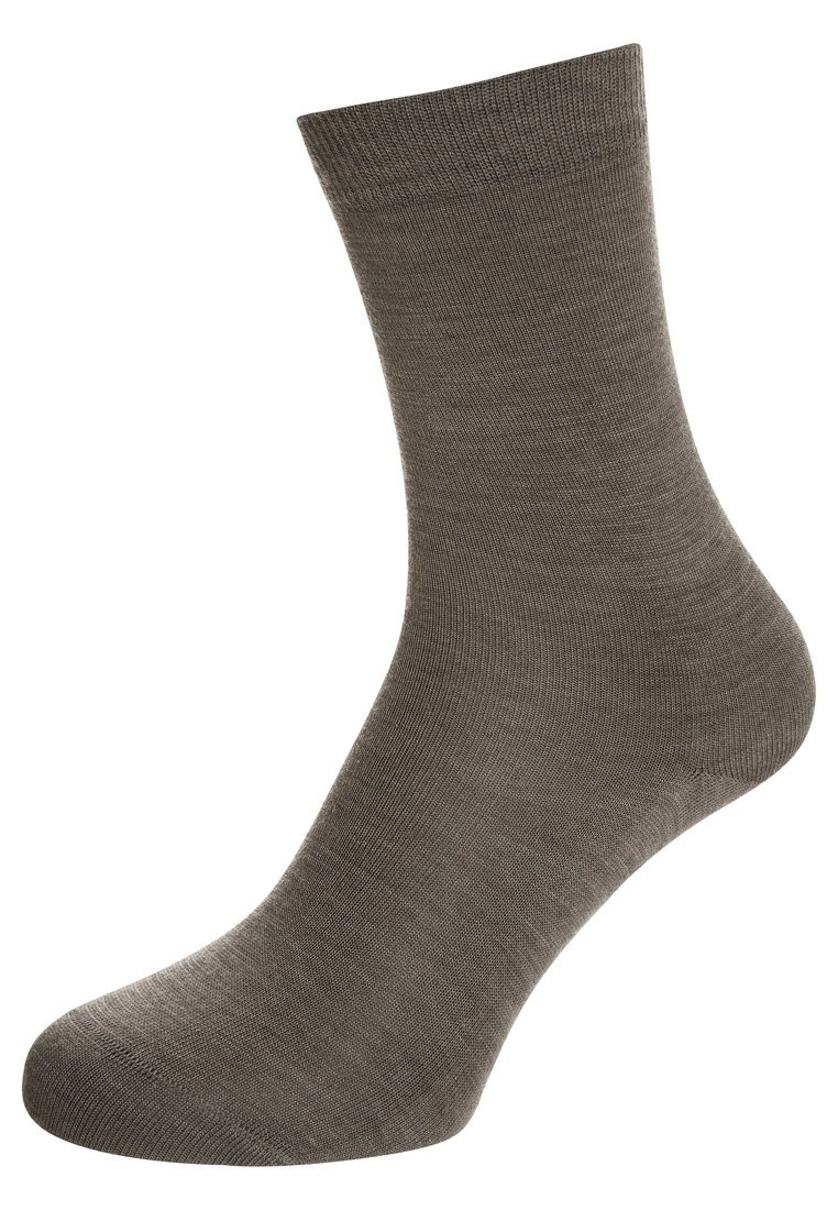 Gray cotton sock with a smooth texture, mid-calf height, reinforced toe and heel, and features a ribbed top band for snug fit.