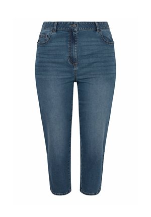 Blauwe high-waist slim-fit cropped jeans met knoop- en ritssluiting aan de voorkant, voor- en achterzakken, getoond op een witte achtergrond.
