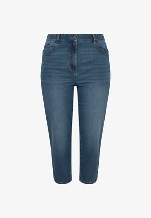 Blaue High-Waist Slim-Fit Cropped-Jeans mit vorderer Knopf- und Reißverschluss, vorderen und hinteren Taschen, dargestellt auf weißem Hintergrund.