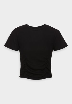 Black short-sleeve cropped top with round neckline and ruched detailing at front center.