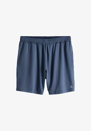 Short swim shorts in dark blue, featuring an elastic waistband, breathable fabric, and a small triangular logo at the bottom right.