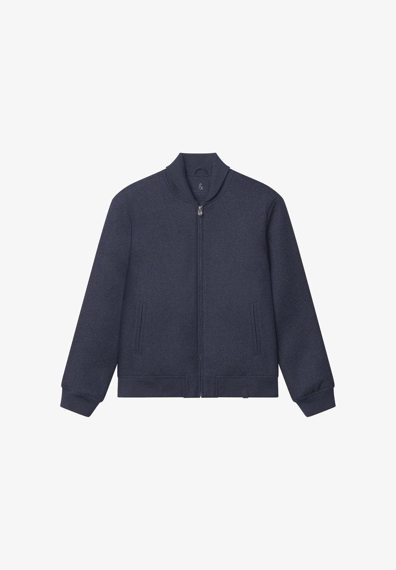 Marineblaue Jacke aus glattem Fleece mit Stehkragen, durchgehendem Reißverschluss vorne und zwei Seitentaschen. Lange Ärmel mit gerippten Bündchen.