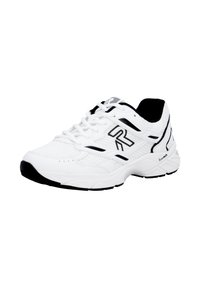 Chaussure de sport blanche avec dessus en mesh, accents noirs et lacets. Comprend un col rembourré et une semelle en mousse légère pour le confort.