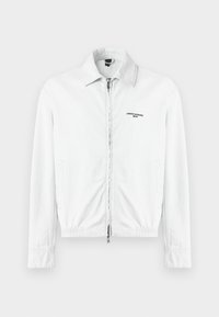 Λευκό σακάκι από καρό ύφασμα με πλήρη μπροστινό φερμουάρ, γιακά, πλάγια τσέπες και λογότυπο "Armani Exchange Milano" στο στήθος.