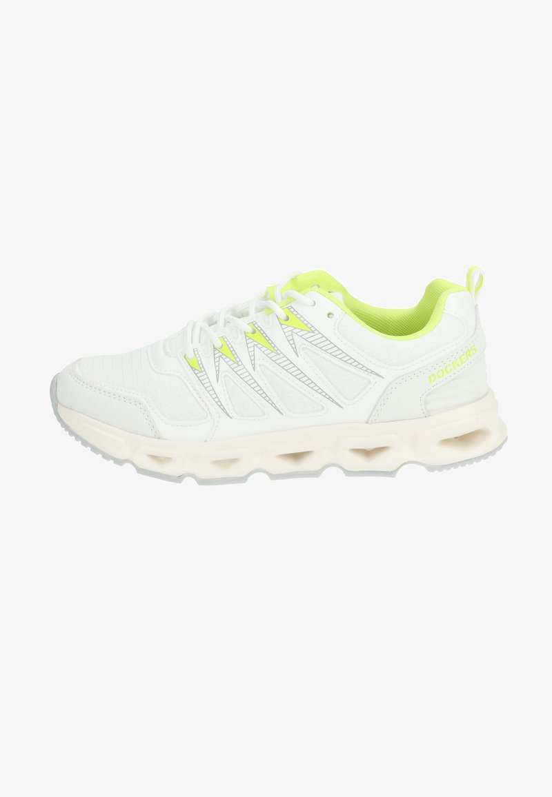 Baskets blanches avec des accents jaune fluo, tige en maille texturée, design à lacets et semelle rembourrée dotée de sections découpées pour la ventilation.