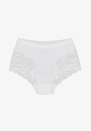 Fehér, magas derekú bugyi, sima anyagú középpel és finom csipkés oldalpanellel, fodros széllel.