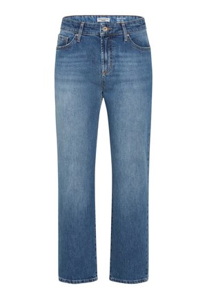 Jeans di denim blu medio a gamba dritta con cinque tasche, chiusura frontale con bottone e cerniera, con leggera effetto sbiadito su cosce e ginocchia.